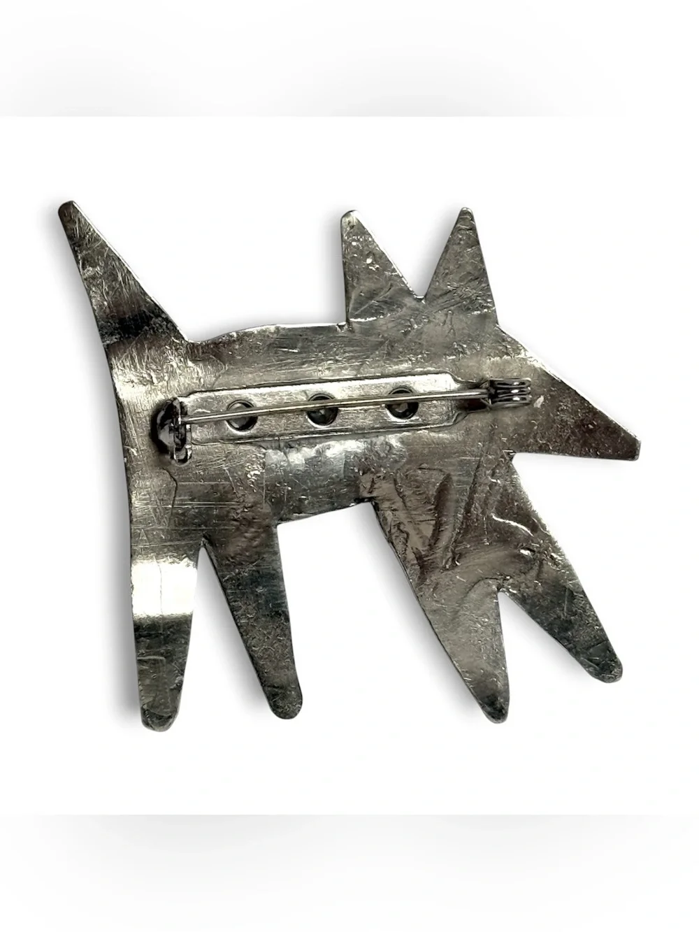 VTG Brutalist Primitive Dog Wolf Brooch Pin Silver Tone Abstract Folk Art Retro